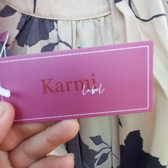 KARMI LABEL Dress Womens Size S Tan Black Floral Print Halter Tie Waist New - Picture 11 of 12